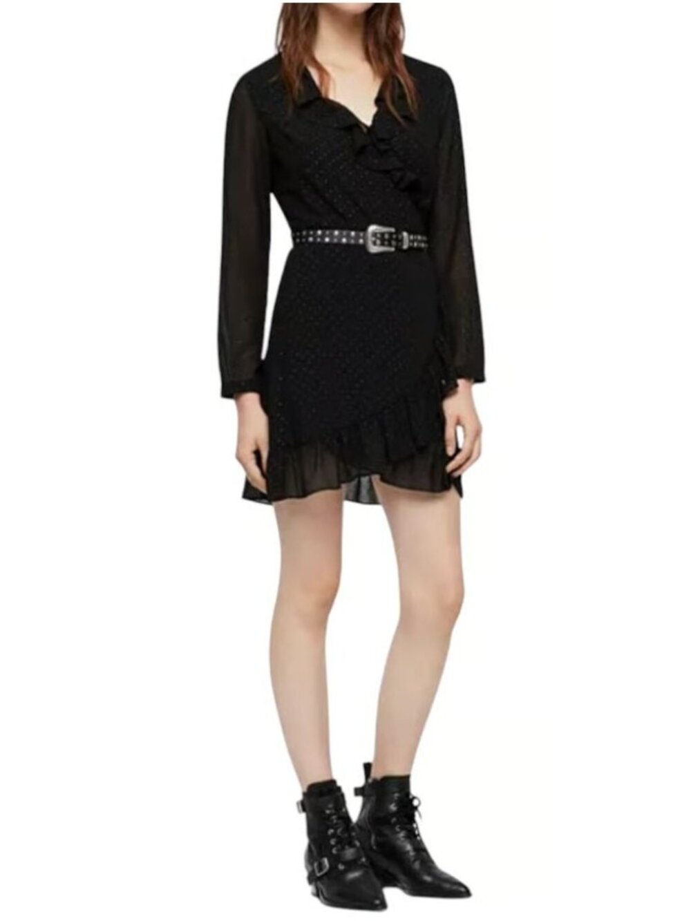 AllSaints Kiyah Shimmer Studded Ruffle Black Mini Wrap Dress Size M [jb] - Picture 2 of 8